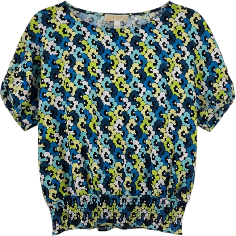 Michael Kors Floral Blouson Top Smocked Hem Short Sleeve M Office Maximalist